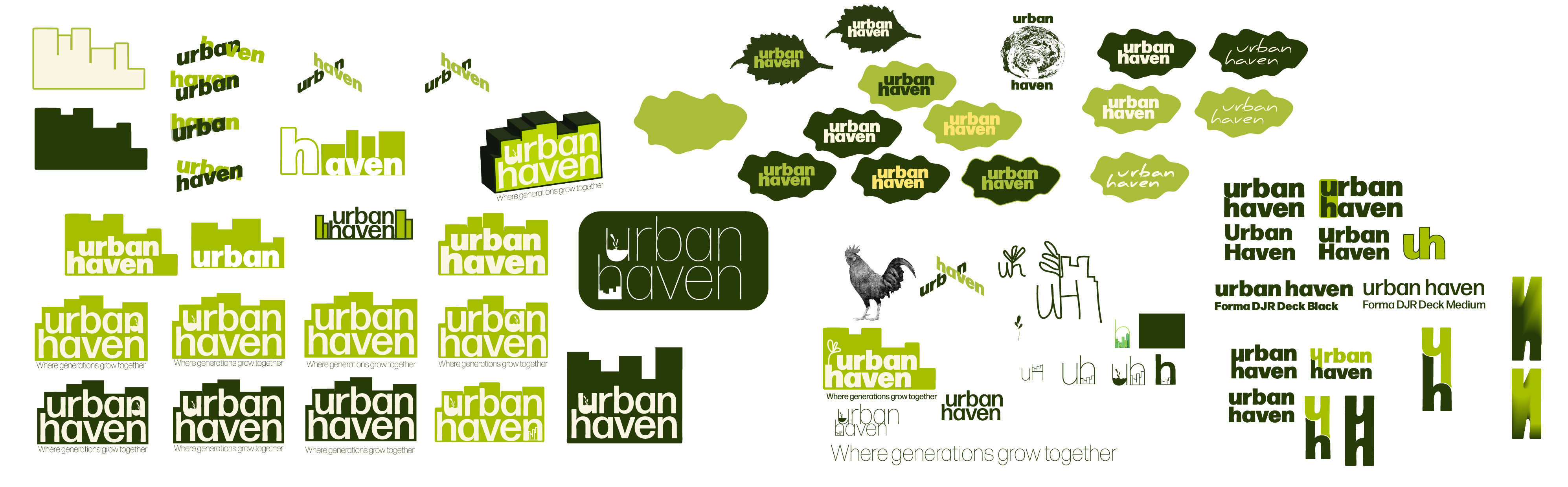 A wide sheet of Urban Haven logo ideas and identity explorations.